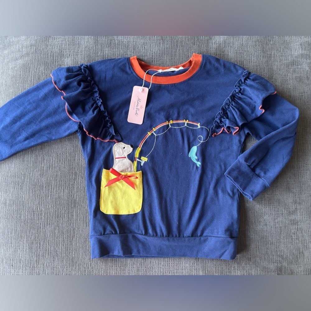 NWT boutique Marie Nicole Navy Blue girls Sweatshirt appliqué Dog Fishing, 6